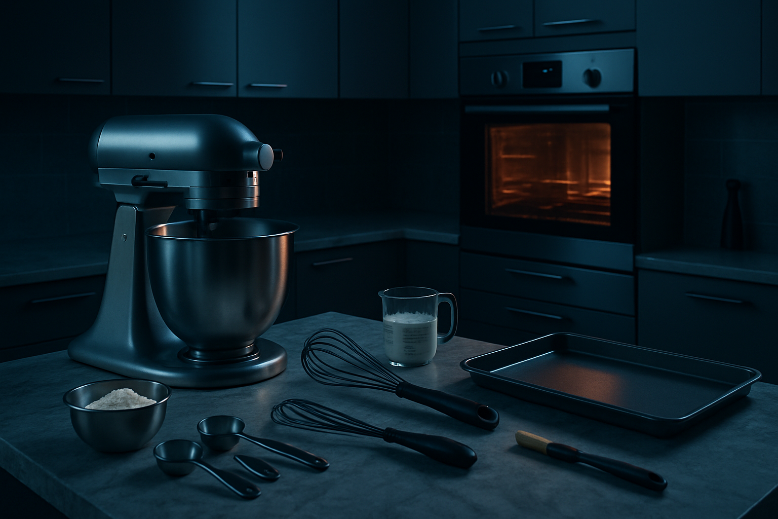 an image to be used as a hero image of a baking station with baking equipment and an oven, use a modern kitchen with a cool slightly dark ambience