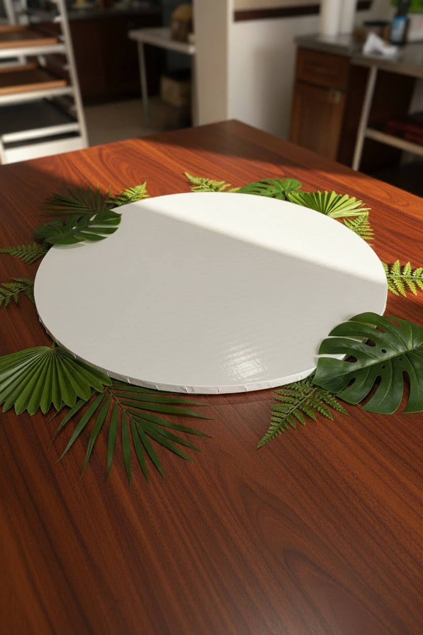 White cake board on a mahagony table background with green leafs deco